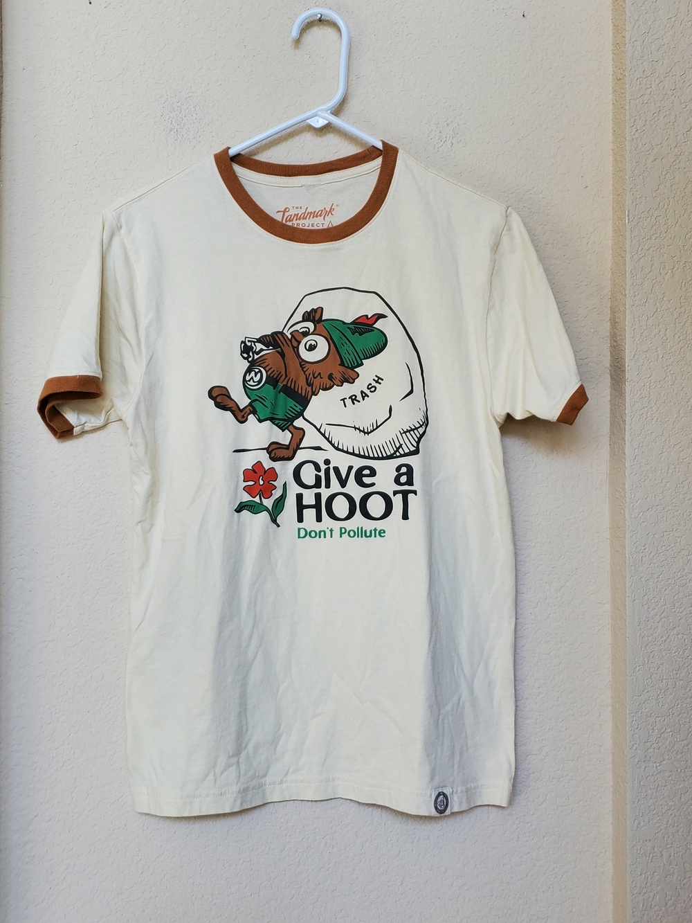Landmark Projects "Give a Hoot" Ringer Tee in Cream with Brown Trim.  Size Small